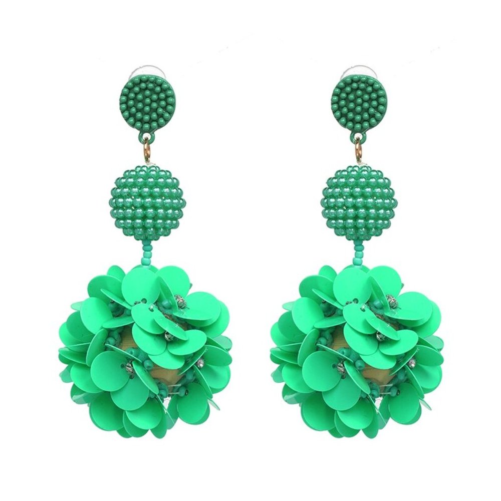 Green Beaded Sequin Flower Large Drop Earrings